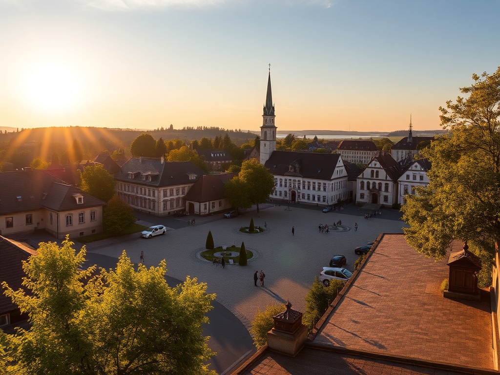 Bocian białego z rozpostartymi skrzydłami przyląduje do gniazda na dachu budynku w Radymnie